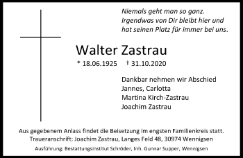 Traueranzeige von Walter Zastrau von Hannoversche Allgemeine Zeitung/Neue Presse