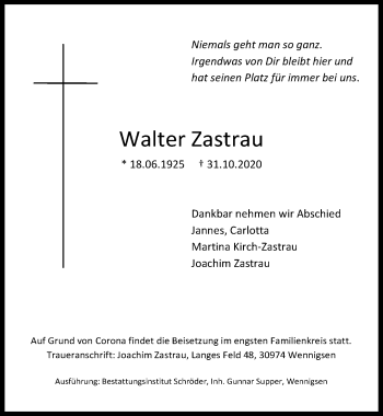 Traueranzeige von Walter Zastrau von Hannoversche Allgemeine Zeitung/Neue Presse