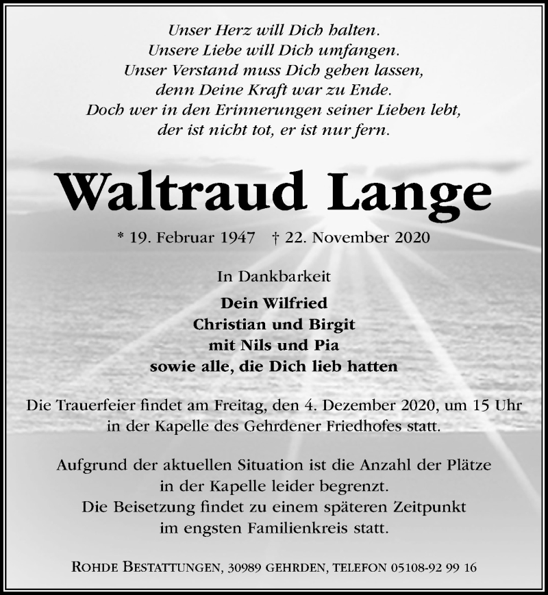  Traueranzeige für Waltraud Lange vom 28.11.2020 aus Hannoversche Allgemeine Zeitung/Neue Presse