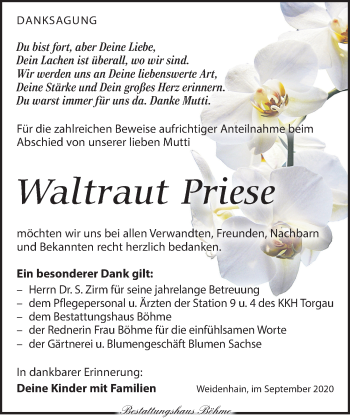 Traueranzeige von Waltraut Priese von Torgauer Zeitung