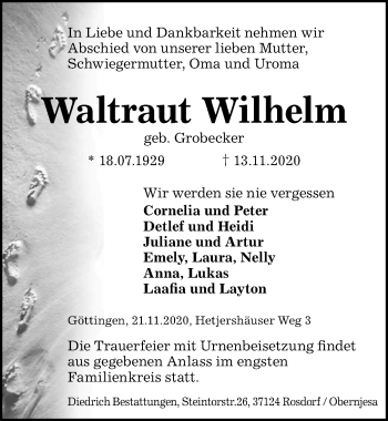 Traueranzeige von Waltraut Wilhelm von Göttinger Tageblatt