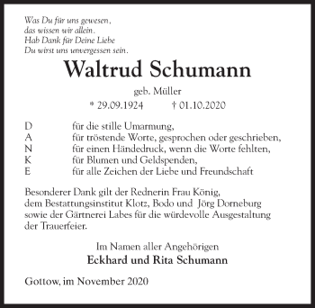 Traueranzeige von Waltrud Schumann von Märkischen Allgemeine Zeitung