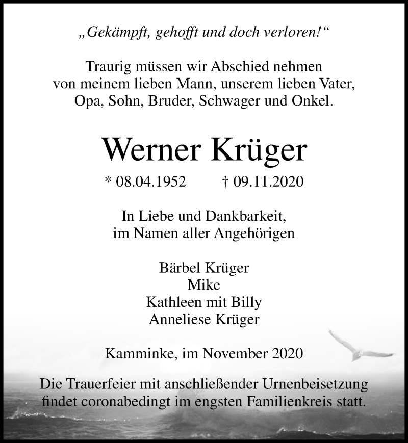 Traueranzeige für Werner Krüger vom 14.11.2020 aus Ostsee-Zeitung GmbH