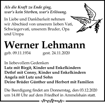 Traueranzeige von Werner Lehmann von Leipziger Volkszeitung