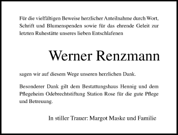 Traueranzeige von Werner Renzmann von Ostsee-Zeitung GmbH