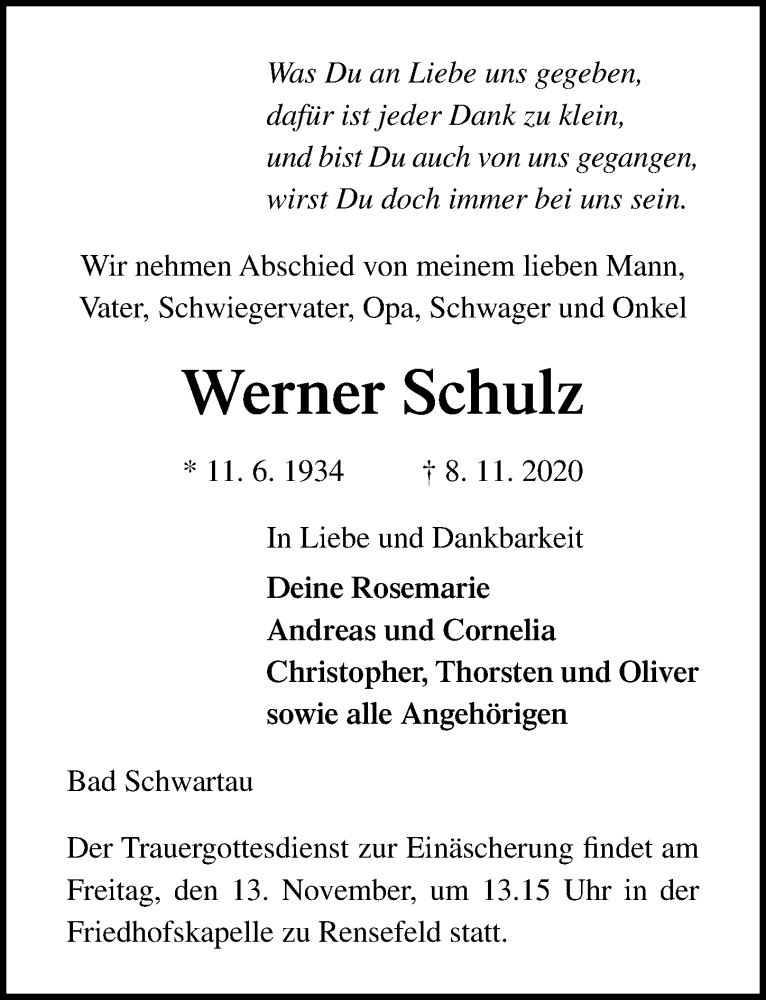  Traueranzeige für Werner Schulz vom 11.11.2020 aus Lübecker Nachrichten