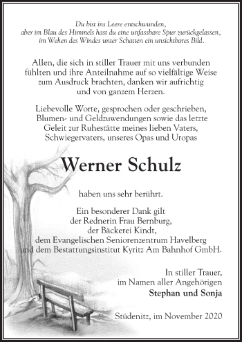 Traueranzeige von Werner Schulz von Märkischen Allgemeine Zeitung