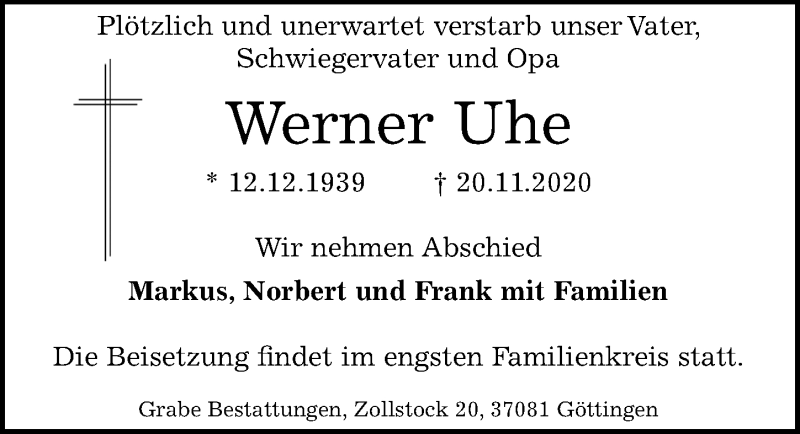  Traueranzeige für Werner Uhe vom 28.11.2020 aus Göttinger Tageblatt