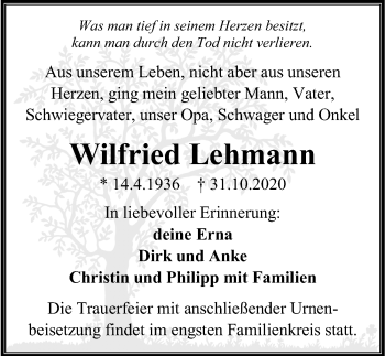 Traueranzeige von Wilfried Lehmann von Ostsee-Zeitung GmbH