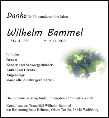 Traueranzeige von Wilhelm Bammel von Aller Zeitung