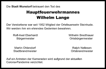 Traueranzeige von Wilhelm Lange von Hannoversche Allgemeine Zeitung/Neue Presse