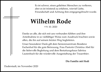 Traueranzeige von Wilhelm Rode von Eichsfelder Tageblatt