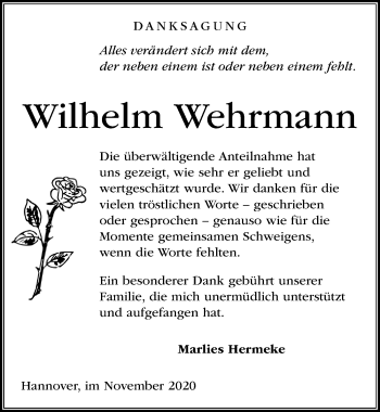 Traueranzeige von Wilhelm Wehrmann von Hannoversche Allgemeine Zeitung/Neue Presse