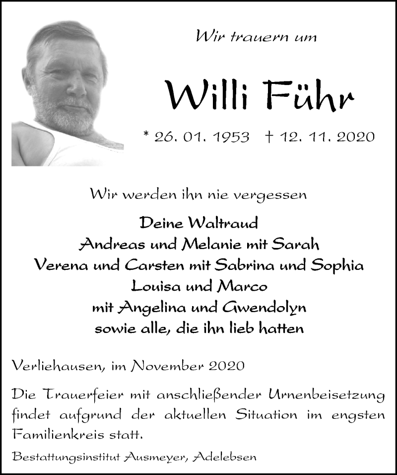  Traueranzeige für Willi  Führ vom 21.11.2020 aus Göttinger Tageblatt