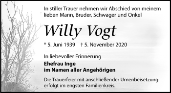 Traueranzeige von Willy Vogt von Leipziger Volkszeitung