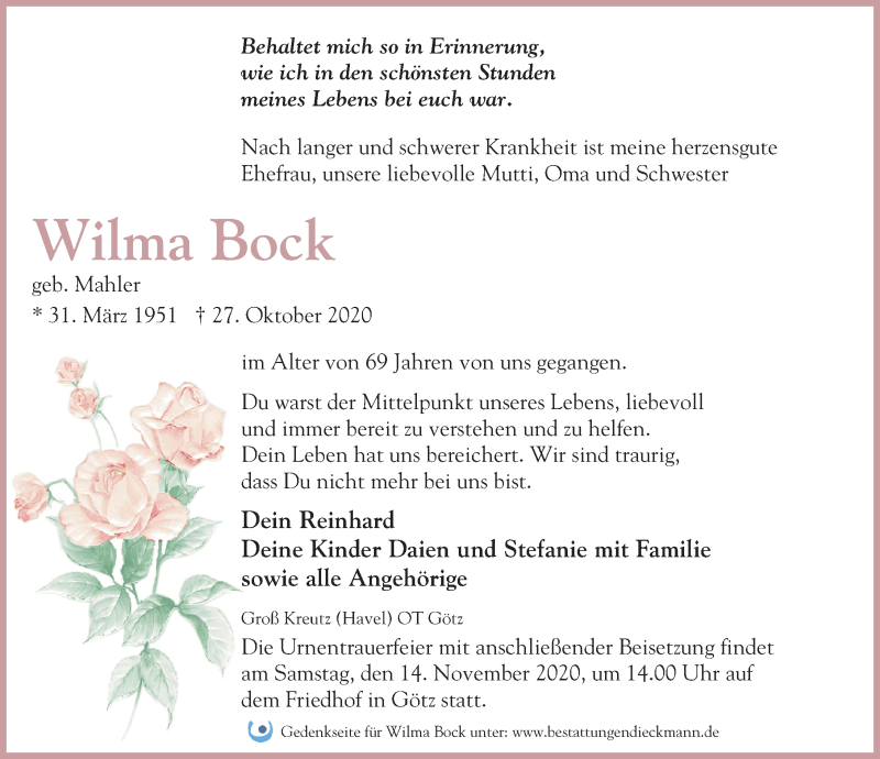  Traueranzeige für Wilma Bock vom 07.11.2020 aus Märkischen Allgemeine Zeitung