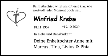 Traueranzeige von Winfried Krebs von Ostsee-Zeitung GmbH