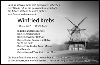 Traueranzeige von Winfried Krebs von Ostsee-Zeitung GmbH