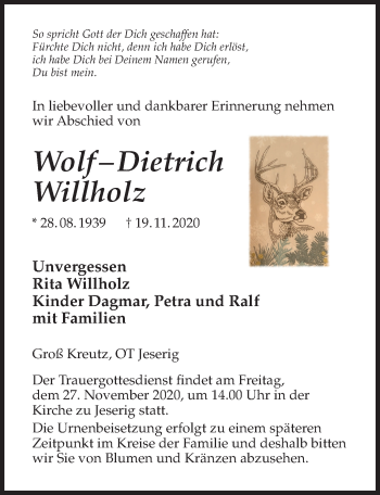 Traueranzeige von Wolf-Dietrich Willholz von Märkischen Allgemeine Zeitung