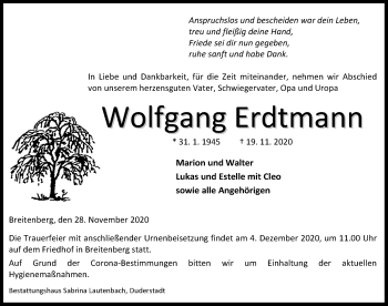 Traueranzeige von Wolfgang Erdtmann von Eichsfelder Tageblatt