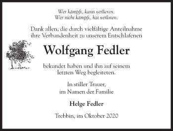 Traueranzeige von Wolfgang Fedler von Märkischen Allgemeine Zeitung