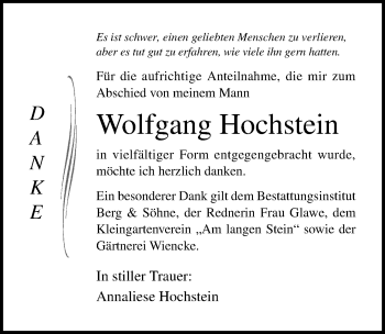 Traueranzeige von Wolfgang Hochstein von Ostsee-Zeitung GmbH