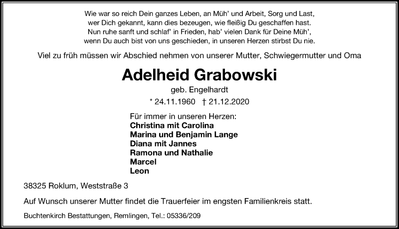  Traueranzeige für Adelheid Grabowski vom 24.12.2020 aus Aller Zeitung