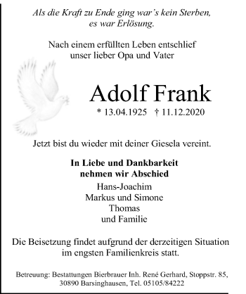 Traueranzeige von Adolf Frank von Hannoversche Allgemeine Zeitung/Neue Presse