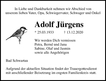 Traueranzeige von Adolf Jürgens von Lübecker Nachrichten