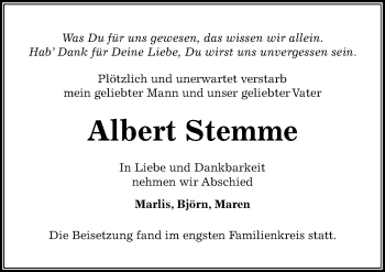Traueranzeige von Albert Stemme von Hannoversche Allgemeine Zeitung/Neue Presse