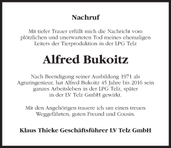 Traueranzeige von Alfred Bukoitz von Märkischen Allgemeine Zeitung