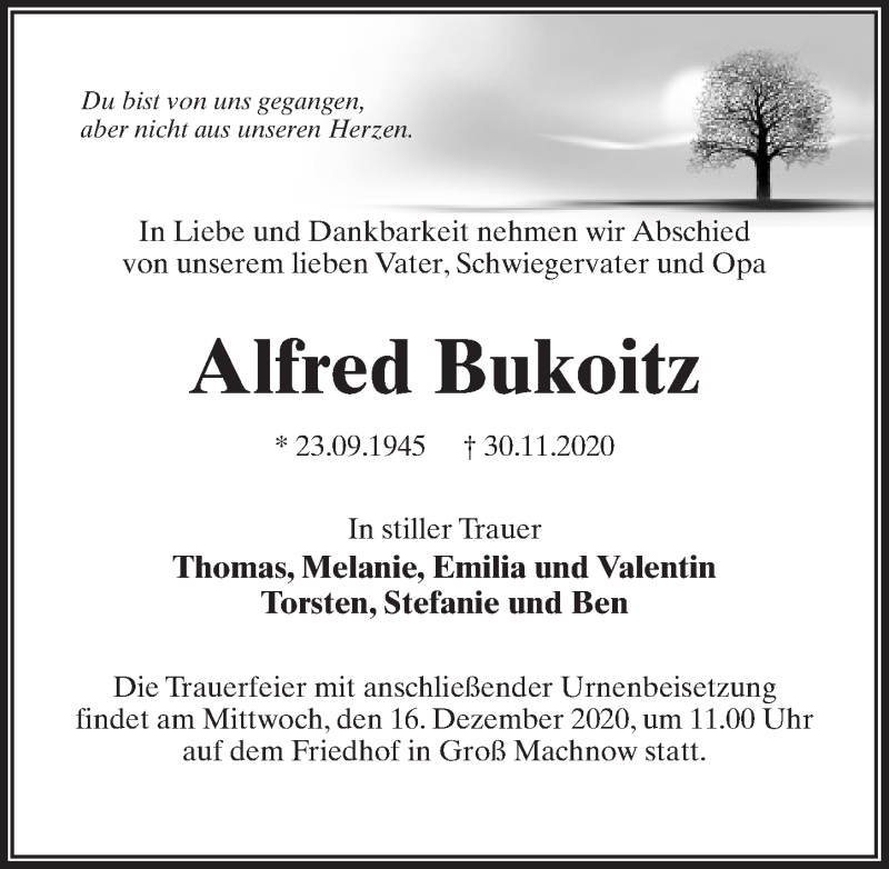  Traueranzeige für Alfred Bukoitz vom 05.12.2020 aus Märkischen Allgemeine Zeitung