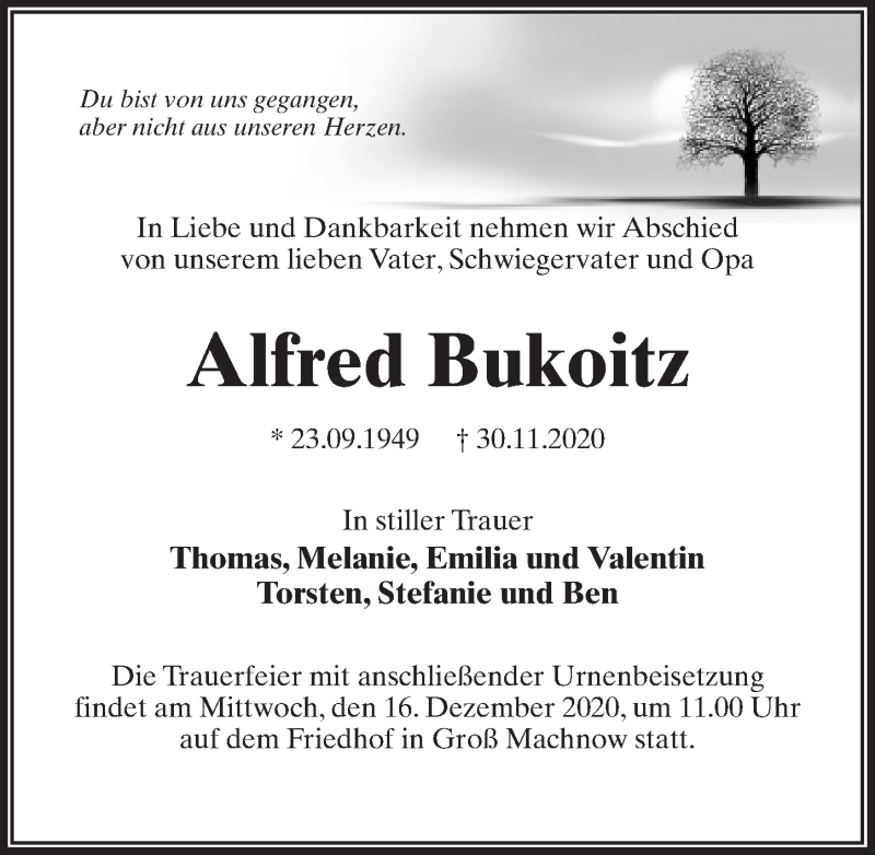  Traueranzeige für Alfred Bukoitz vom 12.12.2020 aus Märkischen Allgemeine Zeitung