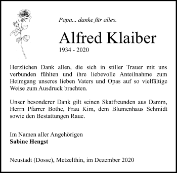 Traueranzeige von Alfred Klaiber