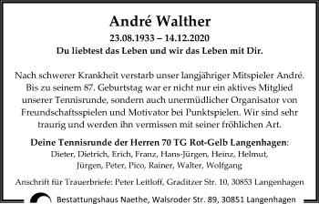 Traueranzeige von Andre Walther von Hannoversche Allgemeine Zeitung/Neue Presse