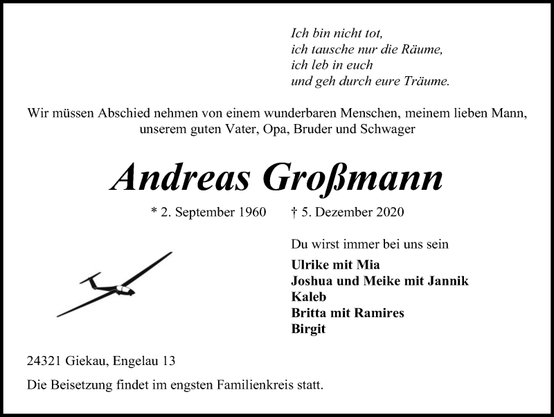  Traueranzeige für Andreas Großmann vom 12.12.2020 aus Kieler Nachrichten