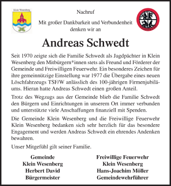 Traueranzeige von Andreas Schwedt von Lübecker Nachrichten