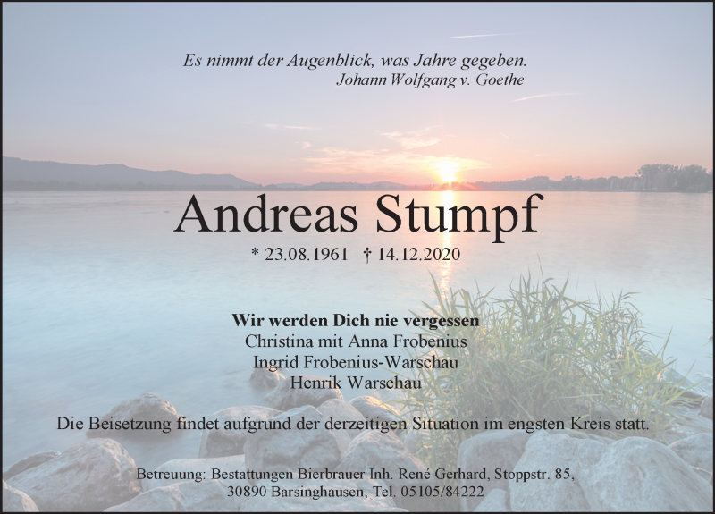  Traueranzeige für Andreas Stumpf vom 19.12.2020 aus Hannoversche Allgemeine Zeitung/Neue Presse