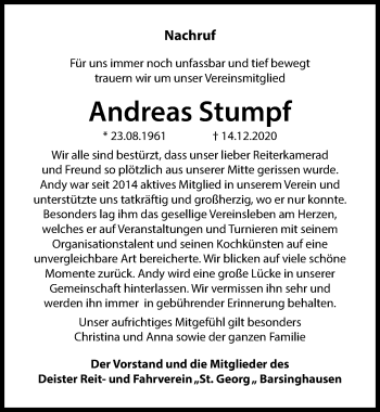 Traueranzeige von Andreas Stumpf von Hannoversche Allgemeine Zeitung/Neue Presse