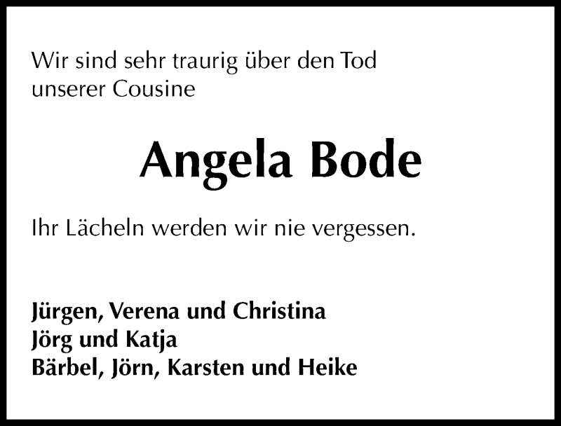 Traueranzeige für Angela Bode vom 05.12.2020 aus Hannoversche Allgemeine Zeitung/Neue Presse