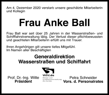 Traueranzeige von Anke Ball von Schaumburger Nachrichten