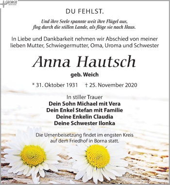 Traueranzeige von Anna Hautsch von Leipziger Volkszeitung