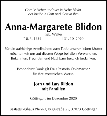 Traueranzeige von Anna-Margarete Blidon von Göttinger Tageblatt