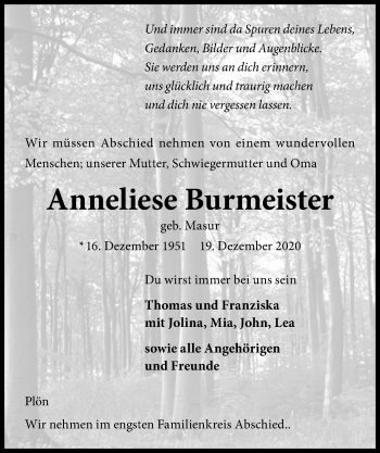 Traueranzeige von Anneliese Burmeister von Kieler Nachrichten