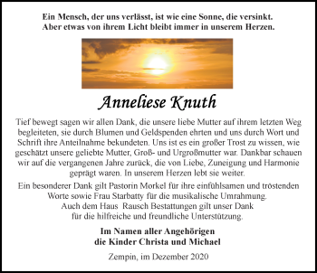 Traueranzeige von Anneliese Knuth von Ostsee-Zeitung GmbH