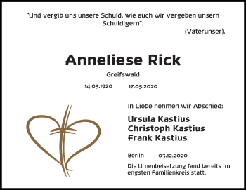 Traueranzeige von Anneliese Rick von Ostsee-Zeitung GmbH