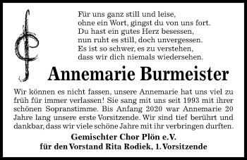 Traueranzeige von Annemarie Burmeister von Kieler Nachrichten