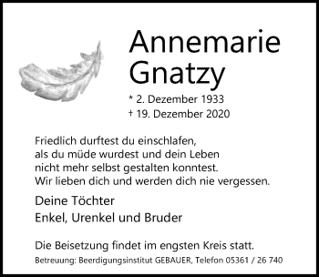 Traueranzeige von Annemarie Gnatzy von Aller Zeitung