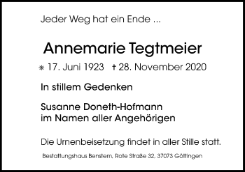 Traueranzeige von Annemarie Tegtmeier von Göttinger Tageblatt