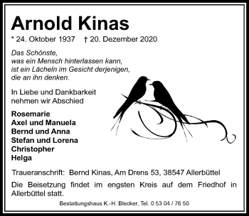 Traueranzeige von Arnold Kinas von Aller Zeitung